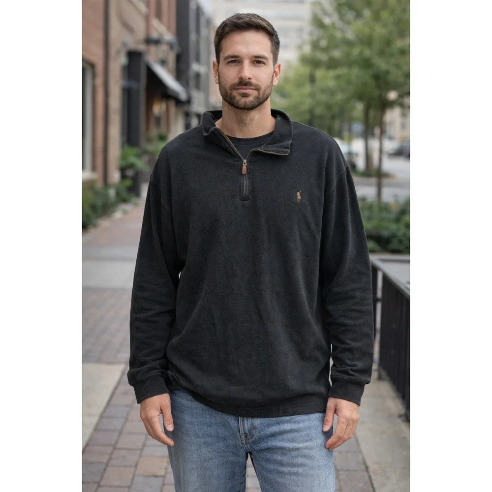 Polo Ralph Lauren Polo Mens Sz 3XB Big Estate‎ Rib 1/4 Zip Pullover Black Cotton